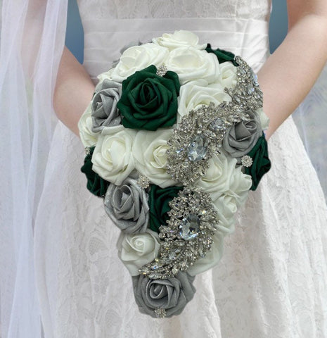 CAS-007 ~ Cascading Waterfall Emerald Silver Ivory Real Touch Roses Brooch Bouquet