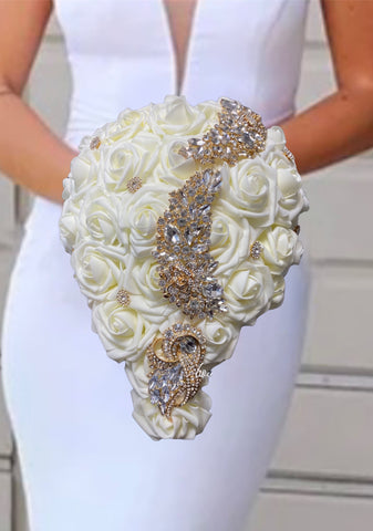 CAS06 ~ Ivory & Gold Cascade Real Touch Roses Brooch Bouquet