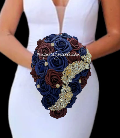 CAS08~ Cascading Waterfall Navy Burgundy Real Touch Roses Brooch Bouquet