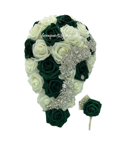 CAS05~ Cascading Waterfall Emerald Green Ivory Real Touch Roses Brooch Bouquet