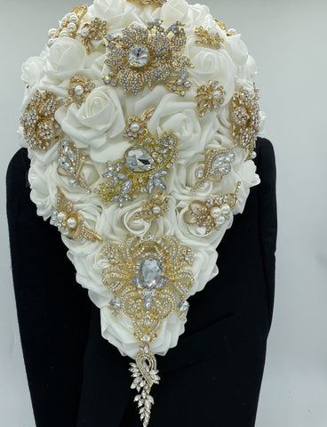 Ivory Gold Cascade Real Touch Roses Brooch Bouquet - RE004