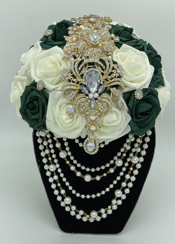 CB-007 ~ Made to Order Emerald Green & Ivory Real Touch Roses