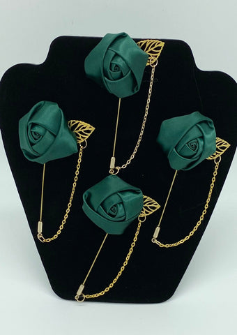 Emerald Green Mens Formal wear l Lapel Leaf Chain Pin l Satin rose l Groom Boutonniere l Wedding l Groomsmen BOUT-001