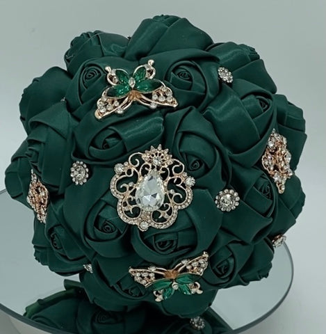 BM-009 ~ Dark Green & Ivory Satin Roses Budget Brooch Bouquet or DIY K –  Bouquets by Nicole