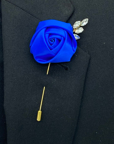 Royal Blue Mens Formal wear l Lapel Leaf Chain Pin l Satin rose l Groom Boutonniere l Wedding l Groomsmen BOUT-008