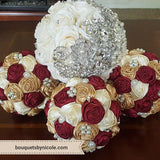 BM-019 ~ Ivory Burgundy Gold Handmade Satin Roses Budget Brooch Bouquet or DIY KIT