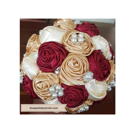 BM-019 ~ Ivory Burgundy Gold Handmade Satin Roses Budget Brooch Bouquet or DIY KIT