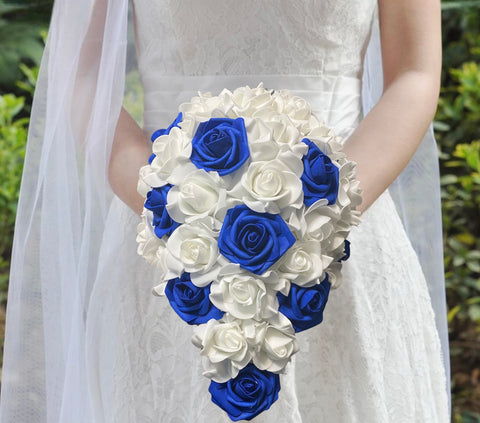 CAS07 ~ Royal Blue White Cascade Real Touch Roses No Brooch Bouquet