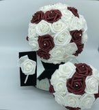 RE-052 ~ Burgundy & White Silk Real Touch Roses Brooch Bouquet or DIY KIT