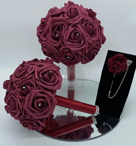RE-053 ~ Burgundy Silk Real Touch Roses Brooch Bouquet or DIY KIT