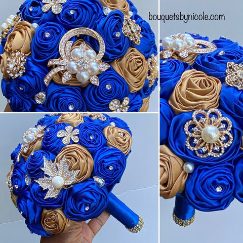 BM-014 ~ Blue & Gold Satin Roses Budget Brooch Bouquet or DIY KIT