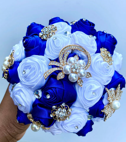 BM-012 ~ Blue & White Satin Roses Budget Brooch Bouquet or DIY KIT