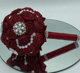 BM-002 ~ Burgundy Satin Roses Budget Brooch Bouquet or DIY KIT