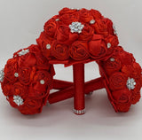 BM-004 ~ Red Satin Roses Brooch Budget Bouquet or DIY KIT