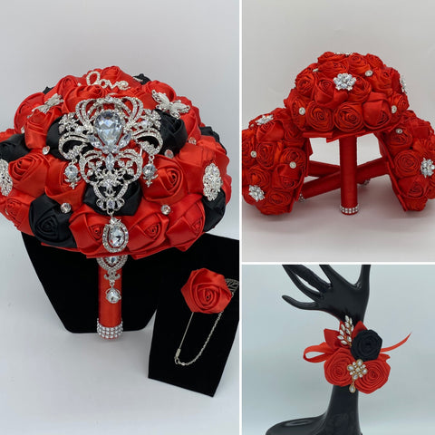 10pcs. Red Satin Rose Brooch Bouquet PACK-001