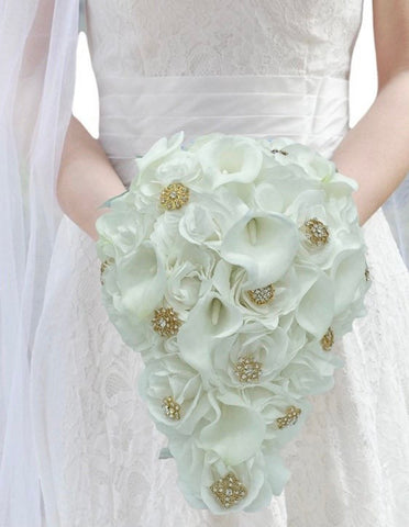 CB-013 ~ Made to Order White Real Touch Calla Lily & Silk Roses Cascade Brooch Bouquet or DIY KIT