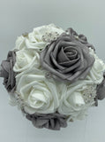 RE-055 ~ Silver White Real Touch Roses Brooch Bouquet or DIY KIT