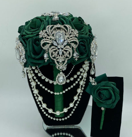 RT002~ Custom Cascade Waterfall Emerald Green Real Touch Rose Brooch Bouquet