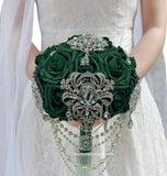 RT002~ Custom Cascade Waterfall Emerald Green Real Touch Rose Brooch Bouquet