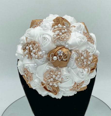 BM-018 ~ White Gold Satin Roses  Budget Brooch Bouquet or DIY KIT