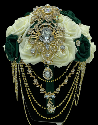 Emerald Green Cascade Real Touch Roses Brooch Bouquet - RE10