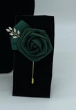 Dark Green Mens Formal wear l Lapel Leaf Chain Pin l Real Touch rose l Groom Boutonniere l Wedding l Groomsmen BOUT-R009