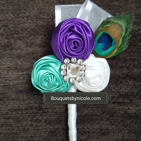 Satin Fabric Flower Boutonniere, Lapel Pin Formal Wear Wedding Prom BOUT-ARIEL