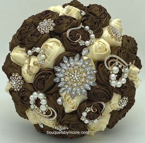 BRINA ~ Hearts Brown Dark Ivory Deluxe Satin Roses Brooch Bouquet or DIY KIT