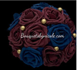 Burgundy Navy Blue Bridal Party Bouquet Package Real Touch Roses Bouquet