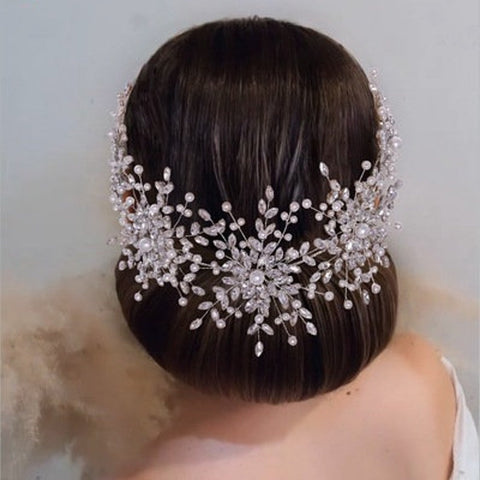 HP-0014 3pcs Pearls l Rhinestone l Vintage l Bridal Vine Hairpiece + Matching Earrings l Hair Comb l Tiara l Crown l Silver