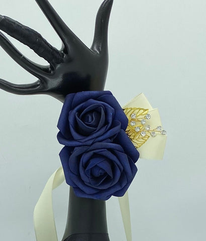 CO006 Customized Navy Blue Corsage l Mens Formal wear Boutonniere, Real Touch roses l Prom, Wedding, Flower Pin, Groom, Groomsmen Lapel