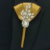 BT0026 Mens Formal wear Boutonniere, Lapel Leaf Chain Pin, Satin rose Lapel Pin l Groom Boutonniere l Wedding l Groomsmen l Gold l Silver