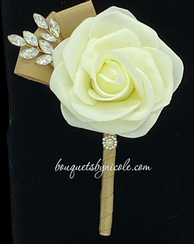 Ivory Gold Formal wear l Lapel Pin l Real Touch rose l Groom Boutonniere l Wedding l Groomsmen BOUT-R010