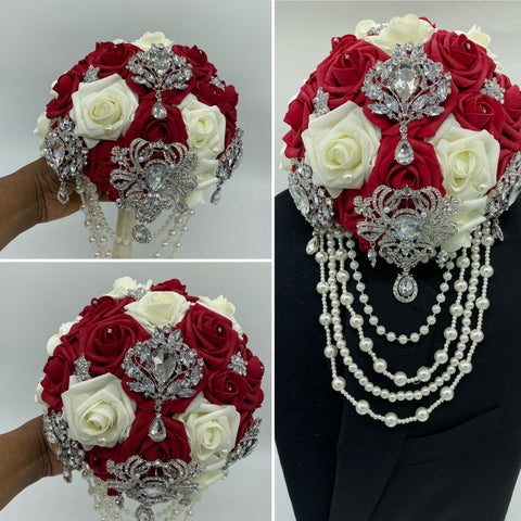 Dark Red Ivory Cascade Real Touch Roses Brooch Bouquet