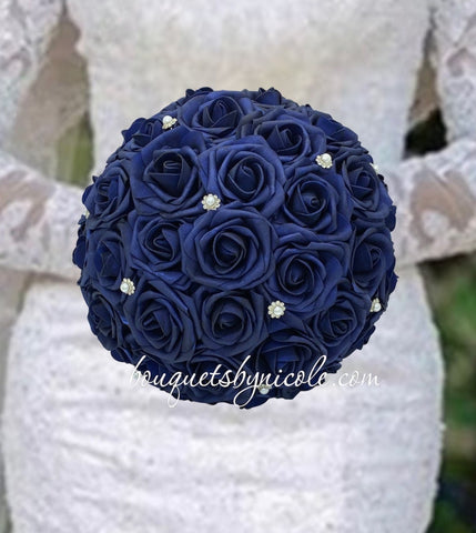RT012~  Made to Order Navy Real Touch Rose Brooch Bouquet or DIY KIT
