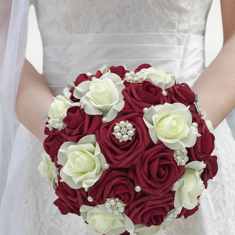 Red & Ivory Real Touch Roses Brooch Bouquet