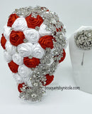 MACY ~ Red & White Cascade Waterfall Deluxe Satin Rose Brooch Bouquet