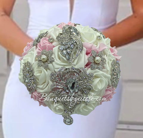 RT004 ~ Light Pink & Ivory Real touch Roses Brooch