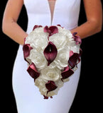 White Burgundy Cascading Waterfall Real Touch Roses Brooch Bouquet