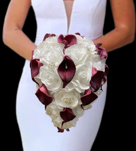 Navy Blue White Cascade Bridal Bouquet - Real Touch Callas Roses