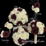 Burgundy Ivory Bridal Party Bouquet Package Real Touch Roses Bouquet PACK-100