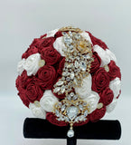 ITEM:BOU15 - Burgundy & White Satin Roses Brooch Bouquet or DIY KIT