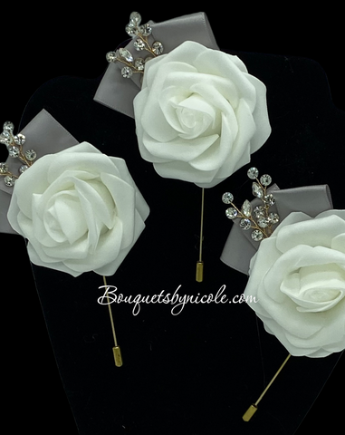 White Silver Rose Formal wear l Lapel Pin l Real Touch rose l Groom Boutonniere l Wedding l Groomsmen BOUT-R004