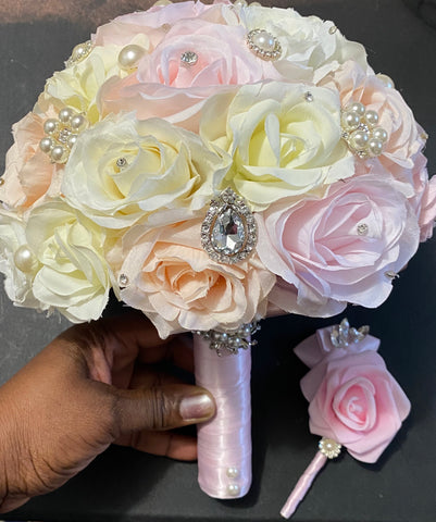 PINKY -  Ivory Light Pink Silk Roses Brooch Bouquet