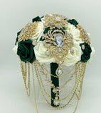 RT009 ~ Cascade Emerald green & Ivory Real touch Roses Brooch
