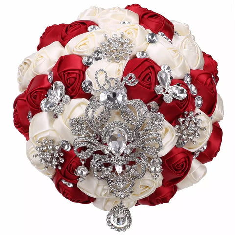 Bridal Red rose bouquet with rhinestones, DIY Wedding bouquet