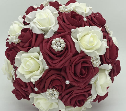 Dark red Ivory Real Touch Roses Brooch Bouquet or DIY KIT ~ RE003