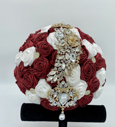 ITEM:BOU16 - Burgundy & White Satin Roses Brooch Bouquet or DIY KIT