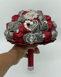 ITEM:BOU10- Burgundy & Silver Satin Roses Brooch Bouquet or DIY KIT