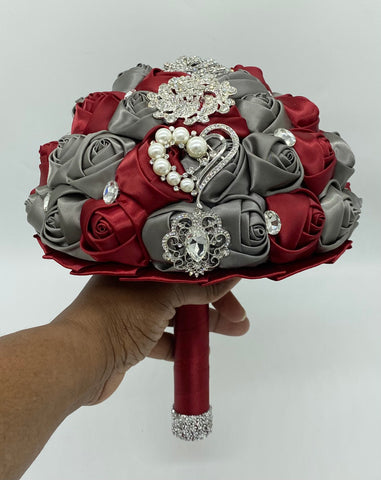 ITEM:BOU10- Burgundy & Silver Satin Roses Brooch Bouquet or DIY KIT